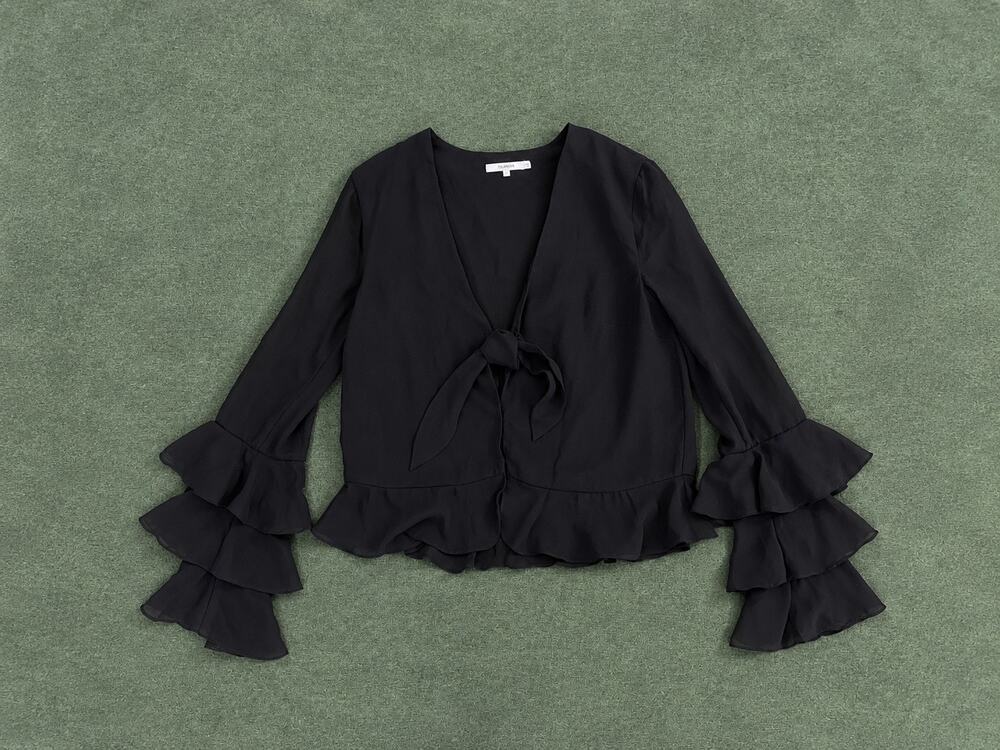 Tularosa witchy black v-neck tie-front top ruffle sleeve blouse XS